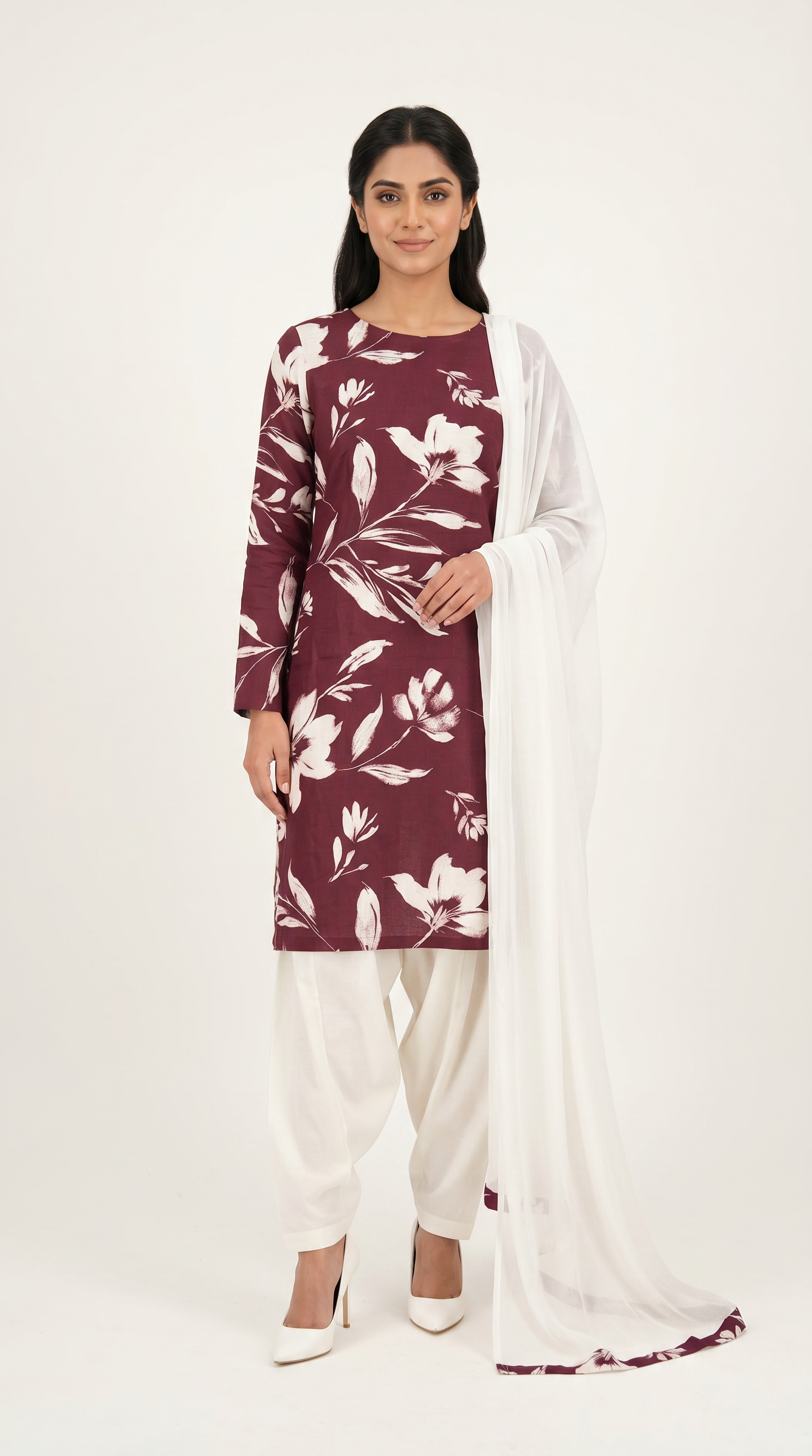 Purple Rayon Straight Cut Salwar Suit Set with White Chiffon Dupatta