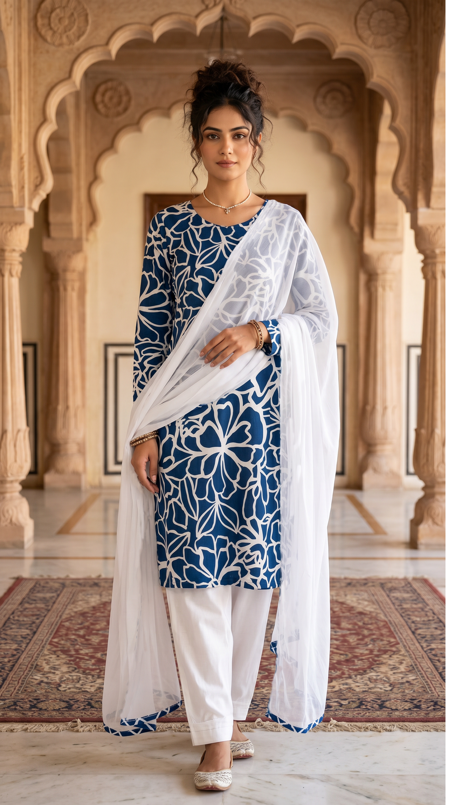 Navy Blue Rayon Straight Cut Suit Set with White Dupatta