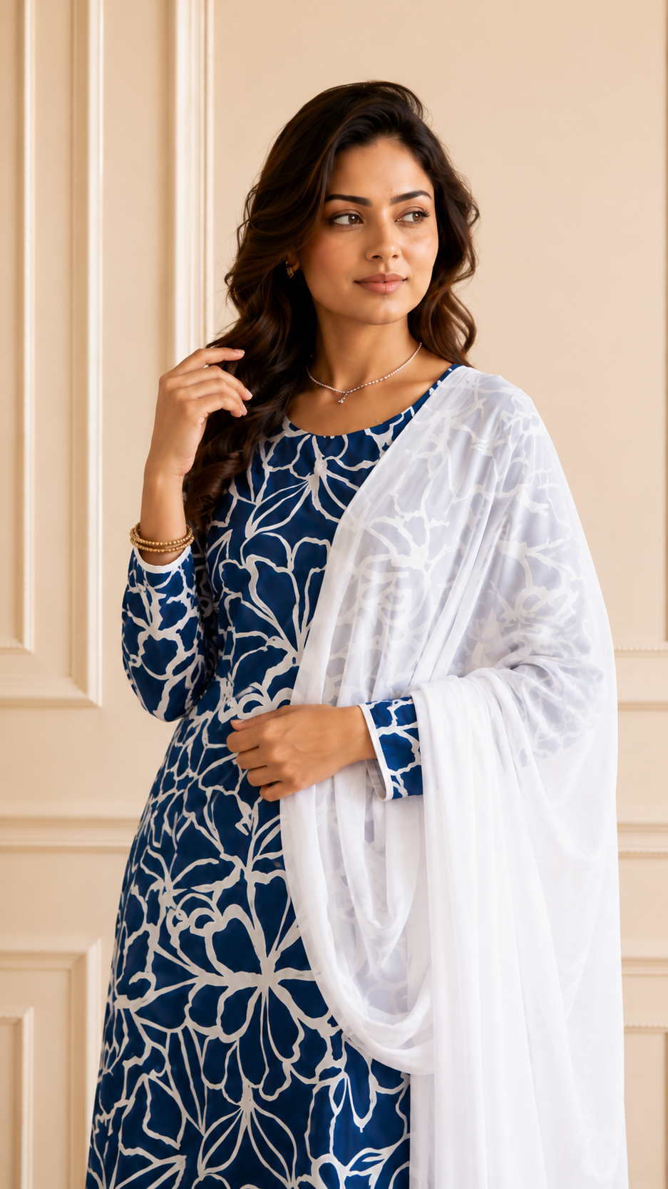 Blue floral printed salwar kameez with white dupatta for women | Diya Online