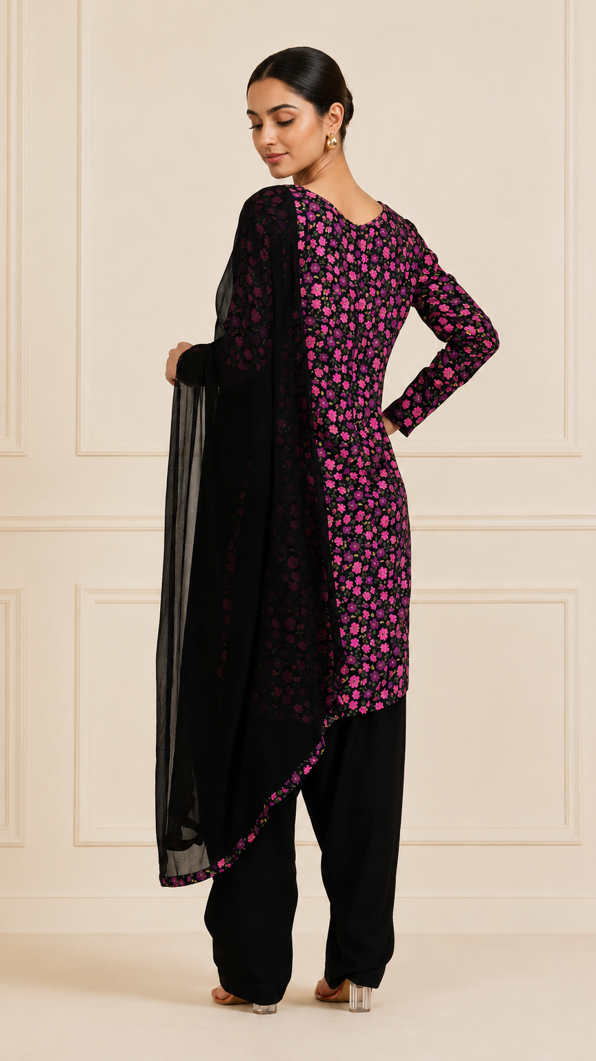 Black floral printed salwar kameez with matching dupatta – Diya Online