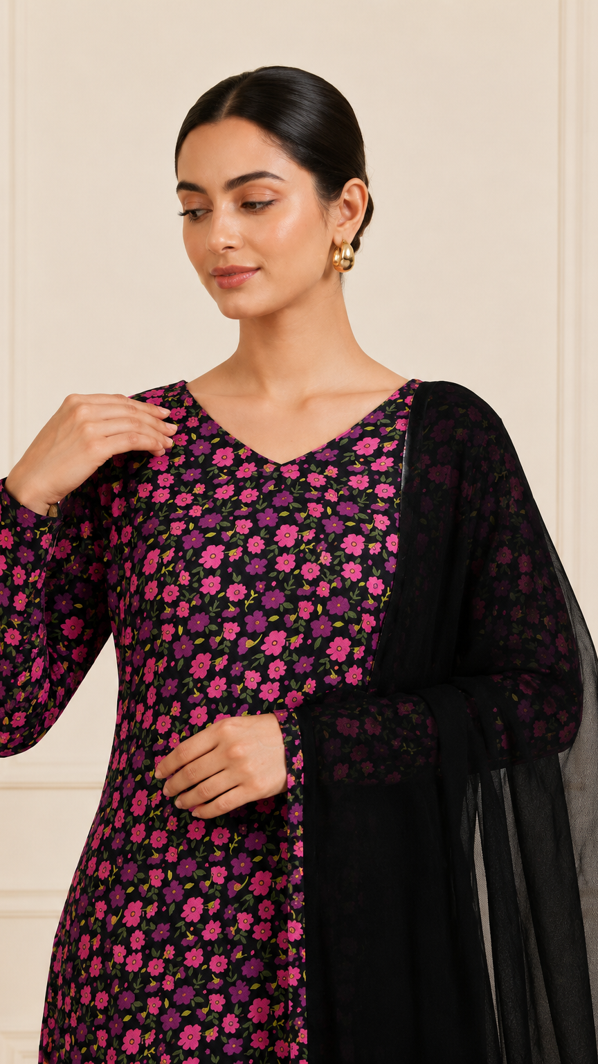 Black floral printed salwar kameez with matching dupatta – Diya Online