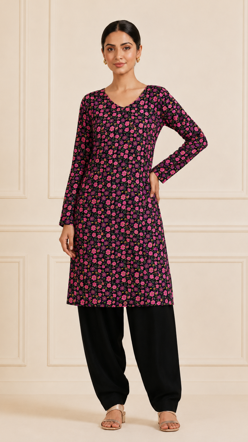 Black floral printed salwar kameez with matching dupatta – Diya Online