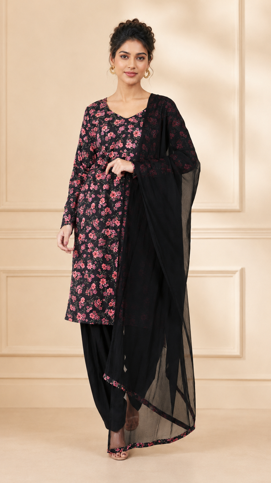 Black women’s floral salwar kameez suit with matching trousers and sheer dupatta, modest Asian ethnic wear outfit by Diya Online