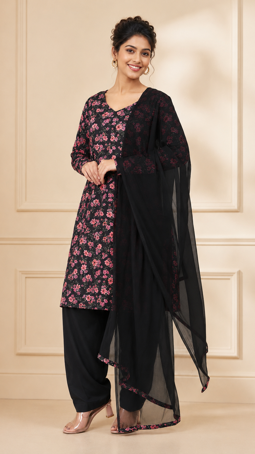 Black women’s floral salwar kameez suit with matching trousers and sheer dupatta, modest Asian ethnic wear outfit by Diya Online