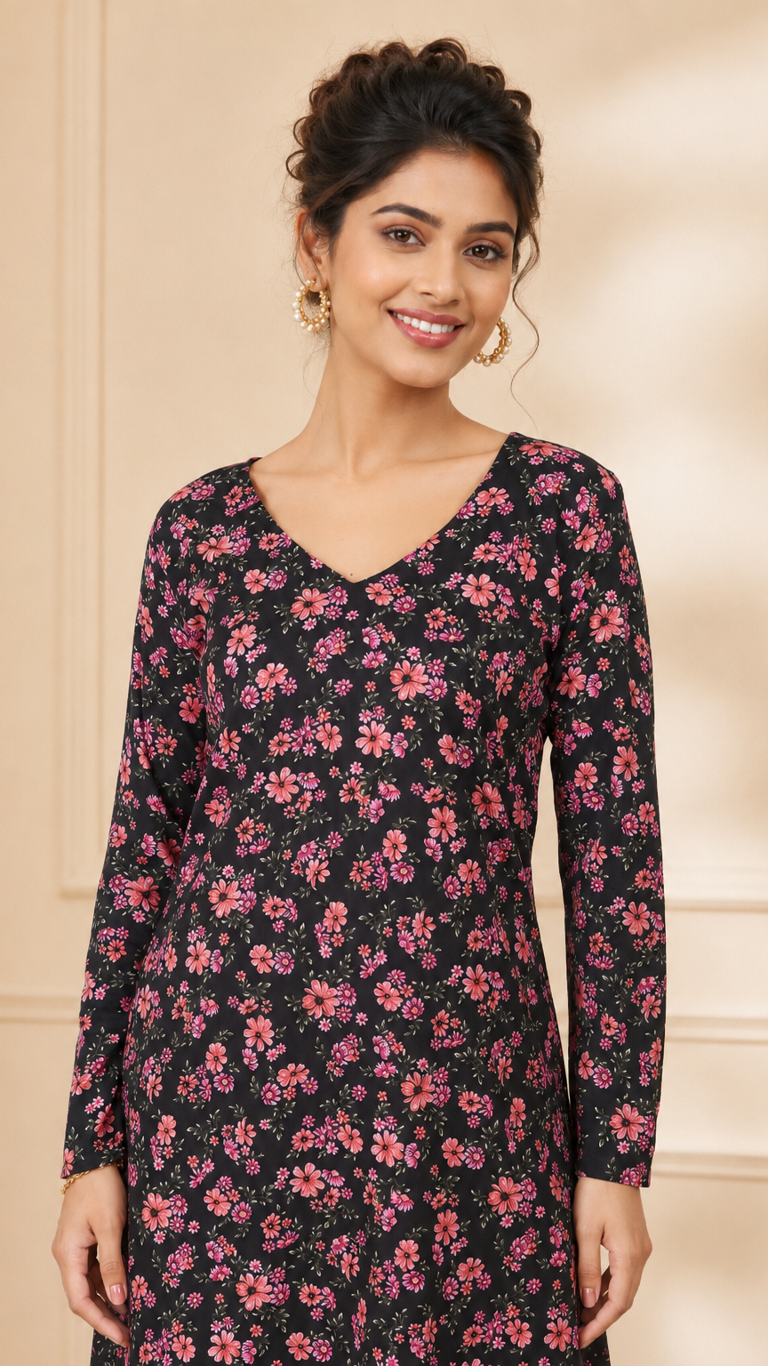 Black women’s floral salwar kameez suit with matching trousers and sheer dupatta, modest Asian ethnic wear outfit by Diya Online