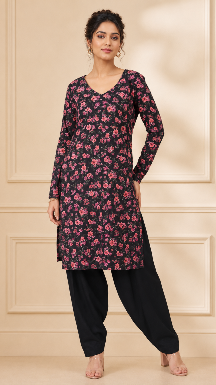 Black women’s floral salwar kameez suit with matching trousers and sheer dupatta, modest Asian ethnic wear outfit by Diya Online
