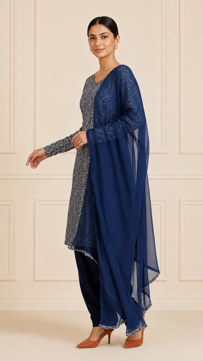 Navy blue and grey printed salwar kameez with dupatta – Diya Online