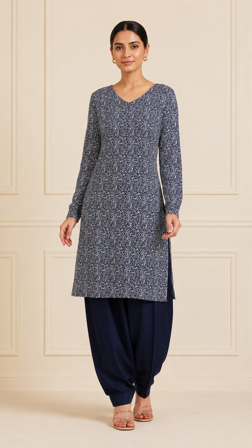 Navy blue and grey printed salwar kameez with dupatta – Diya Online