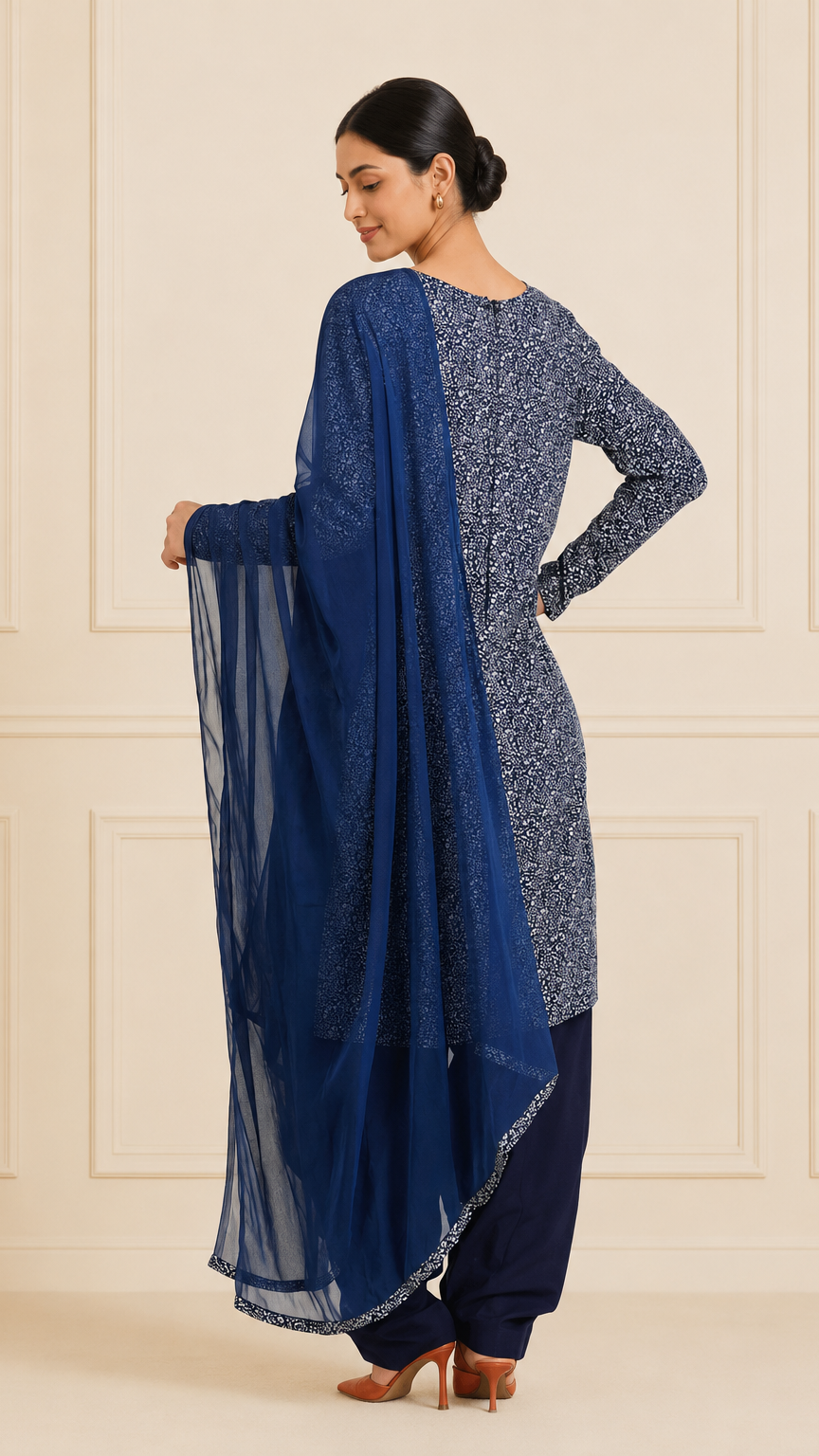 Navy blue and grey printed salwar kameez with dupatta – Diya Online
