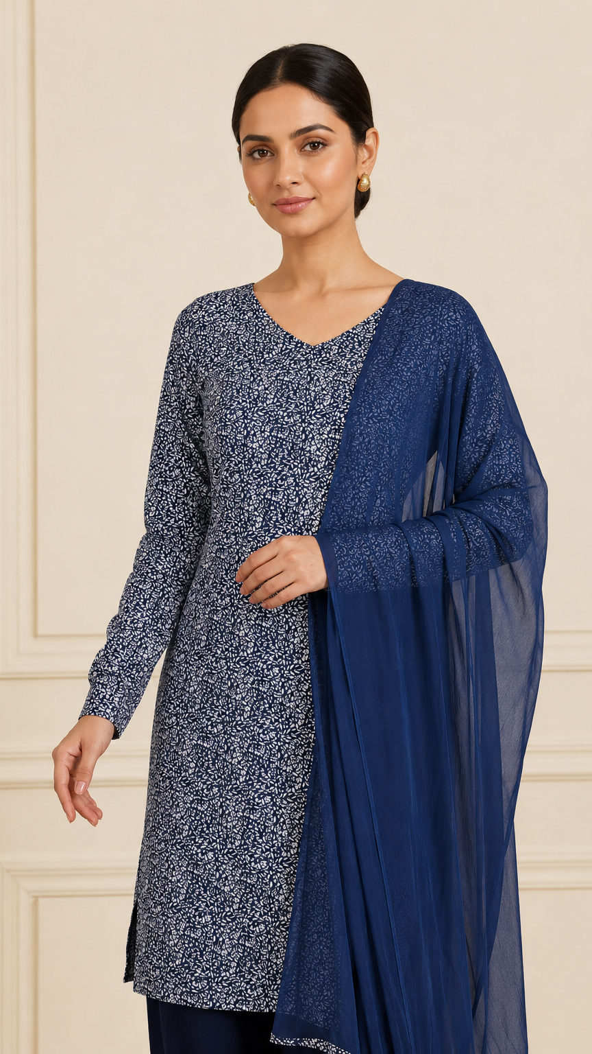 Navy blue and grey printed salwar kameez with dupatta – Diya Online