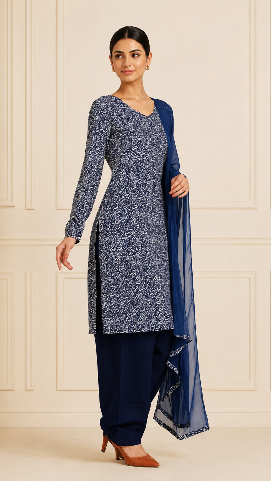 Navy blue and grey printed salwar kameez with dupatta – Diya Online