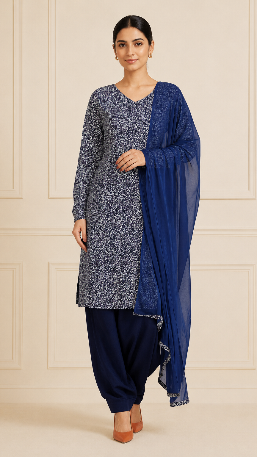 Navy blue and grey printed salwar kameez with dupatta – Diya Online