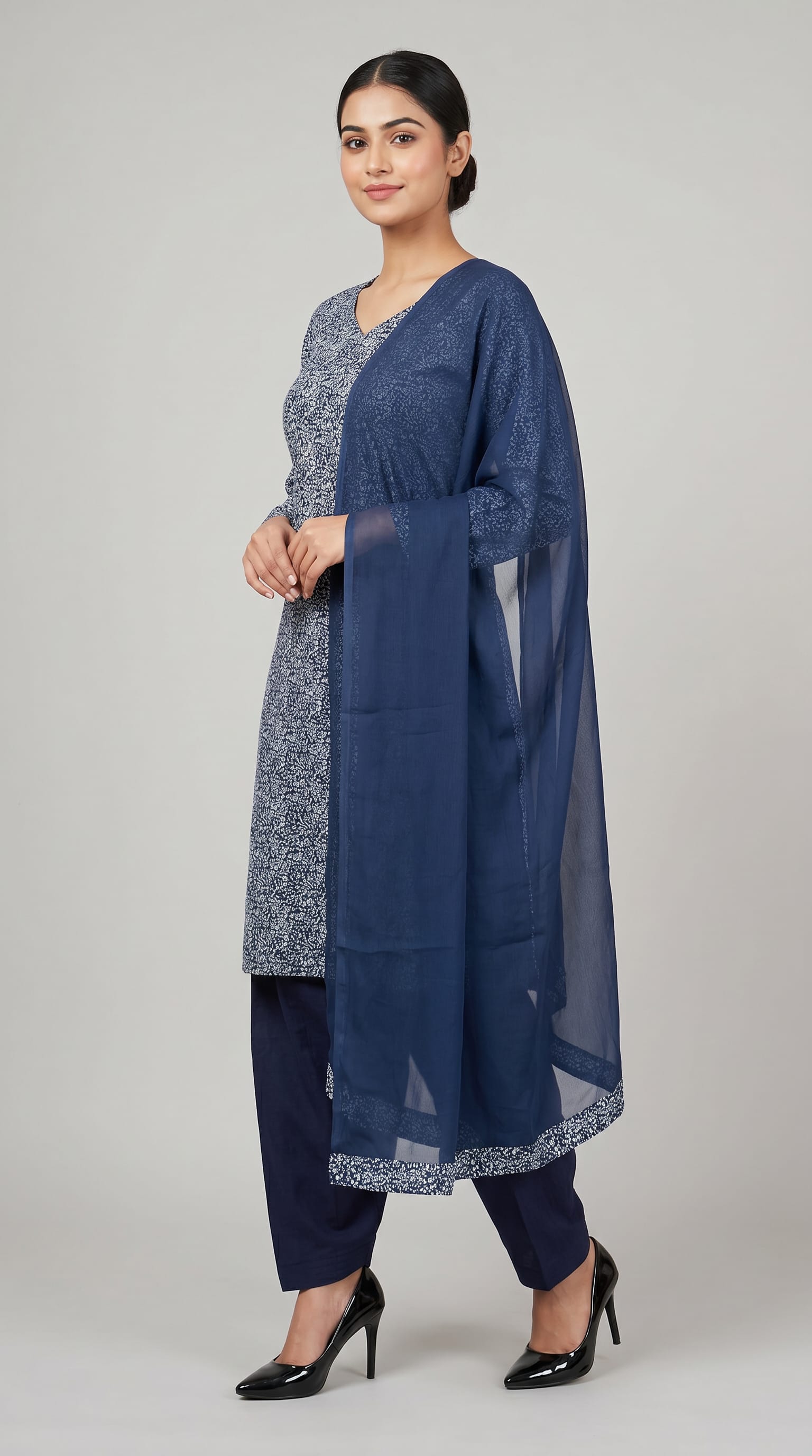 Navy Blue Rayon Straight Cut Salwar Suit Set with Chiffon Dupatta