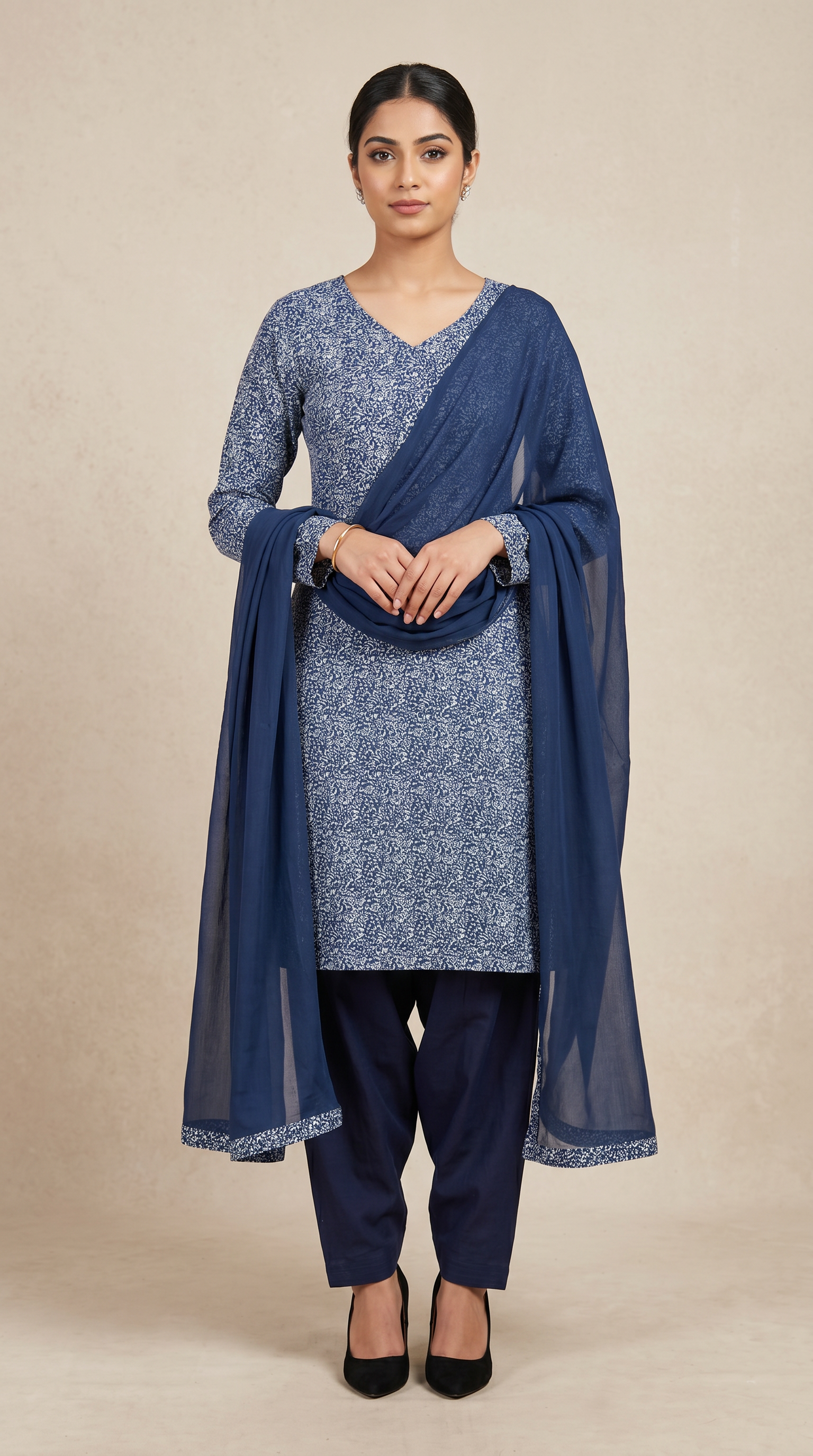 Navy Blue Rayon Straight Cut Salwar Suit Set with Chiffon Dupatta