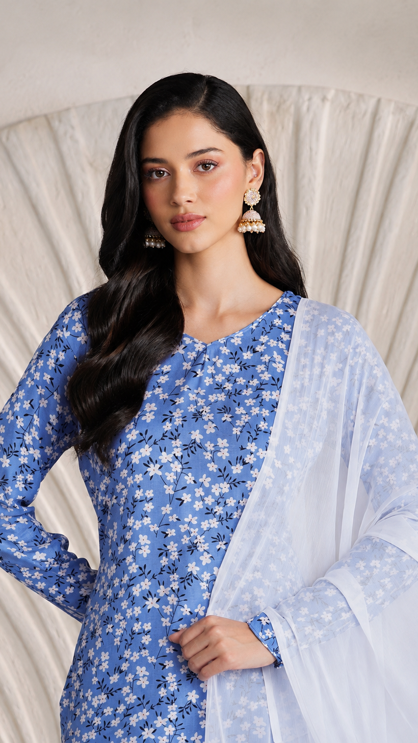 Buy blue floral print Pakistani salwar kameez with matching loose trousers and a white sheer dupatta for women online at Diya Online.