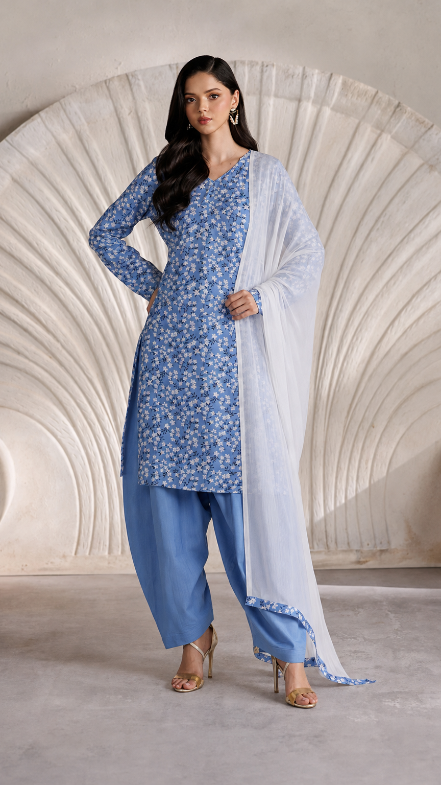 Buy blue floral print Pakistani salwar kameez with matching loose trousers and a white sheer dupatta for women online at Diya Online.