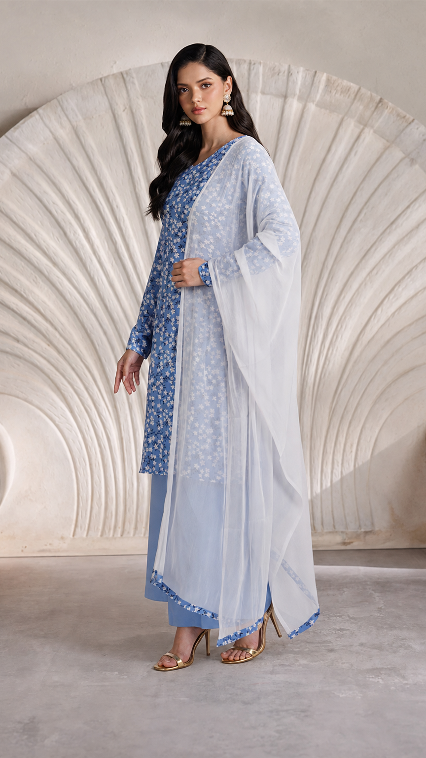 Buy blue floral print Pakistani salwar kameez with matching loose trousers and a white sheer dupatta for women online at Diya Online.