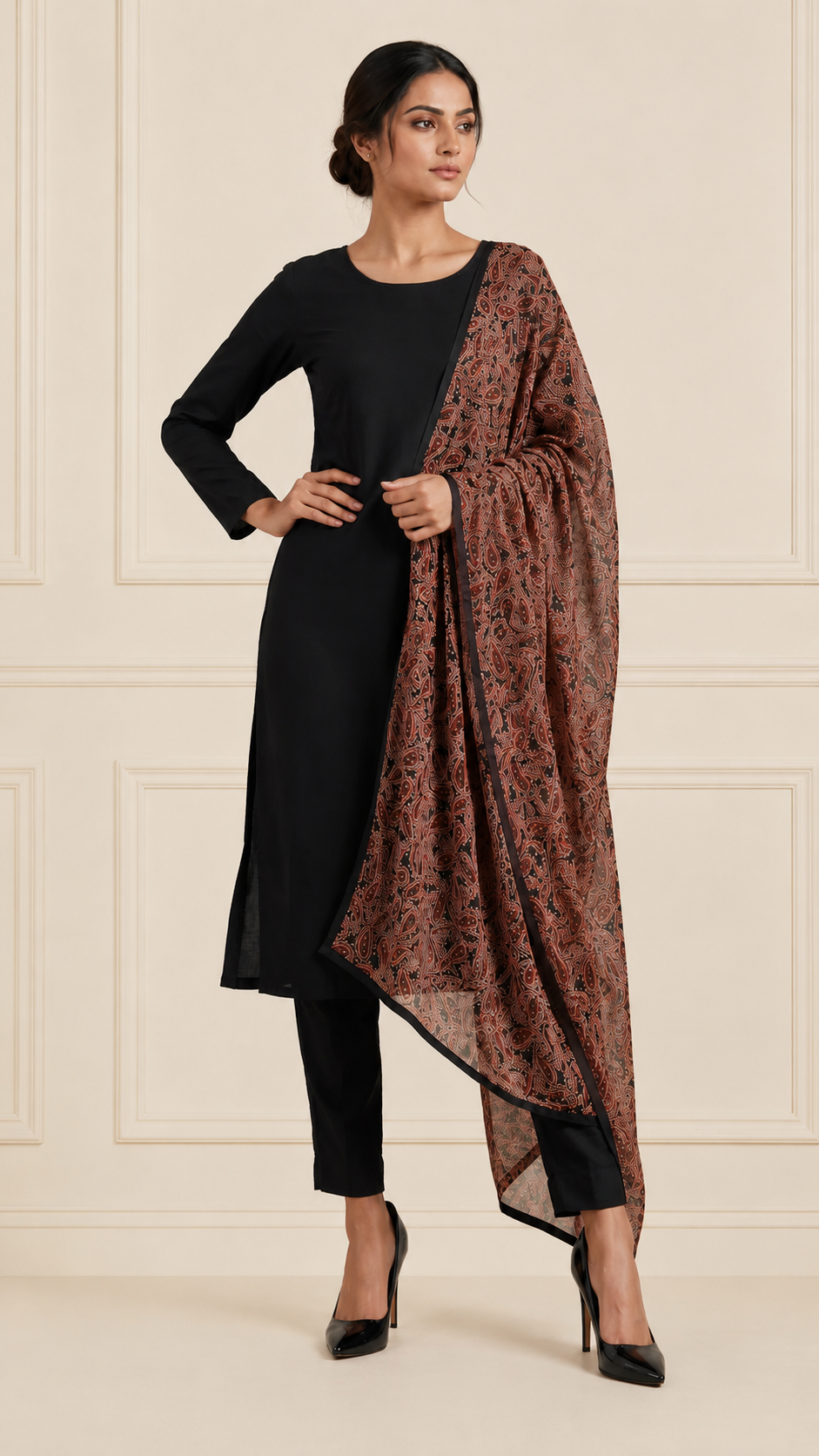 Diya Online designer black kurta set with matching trousers and paisley dupatta for women, comfortable Indian ethnic wear, office wear salwar suit, festive outfit, and traditional occasion attire.