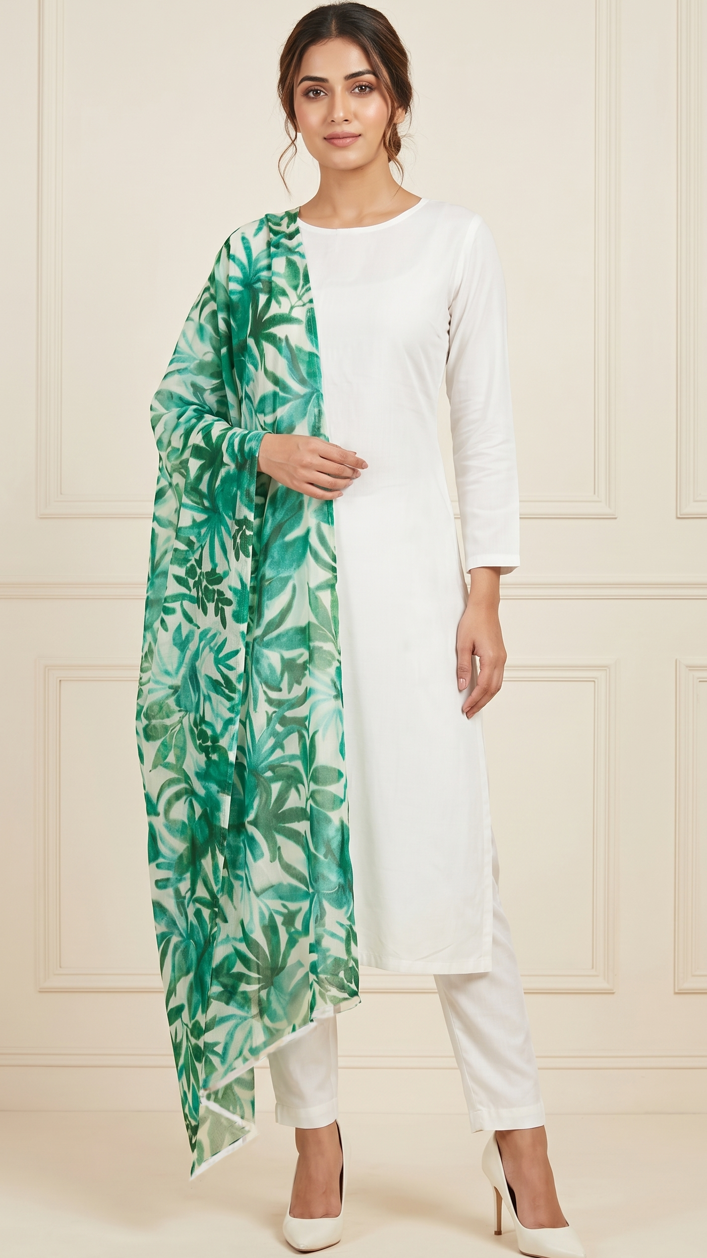 Buy elegant white straight-cut kurta set with green floral printed dupatta for women, premium ethnic wear suit for festive occasions, office wear, casual outings, and summer fashion. Diya Online