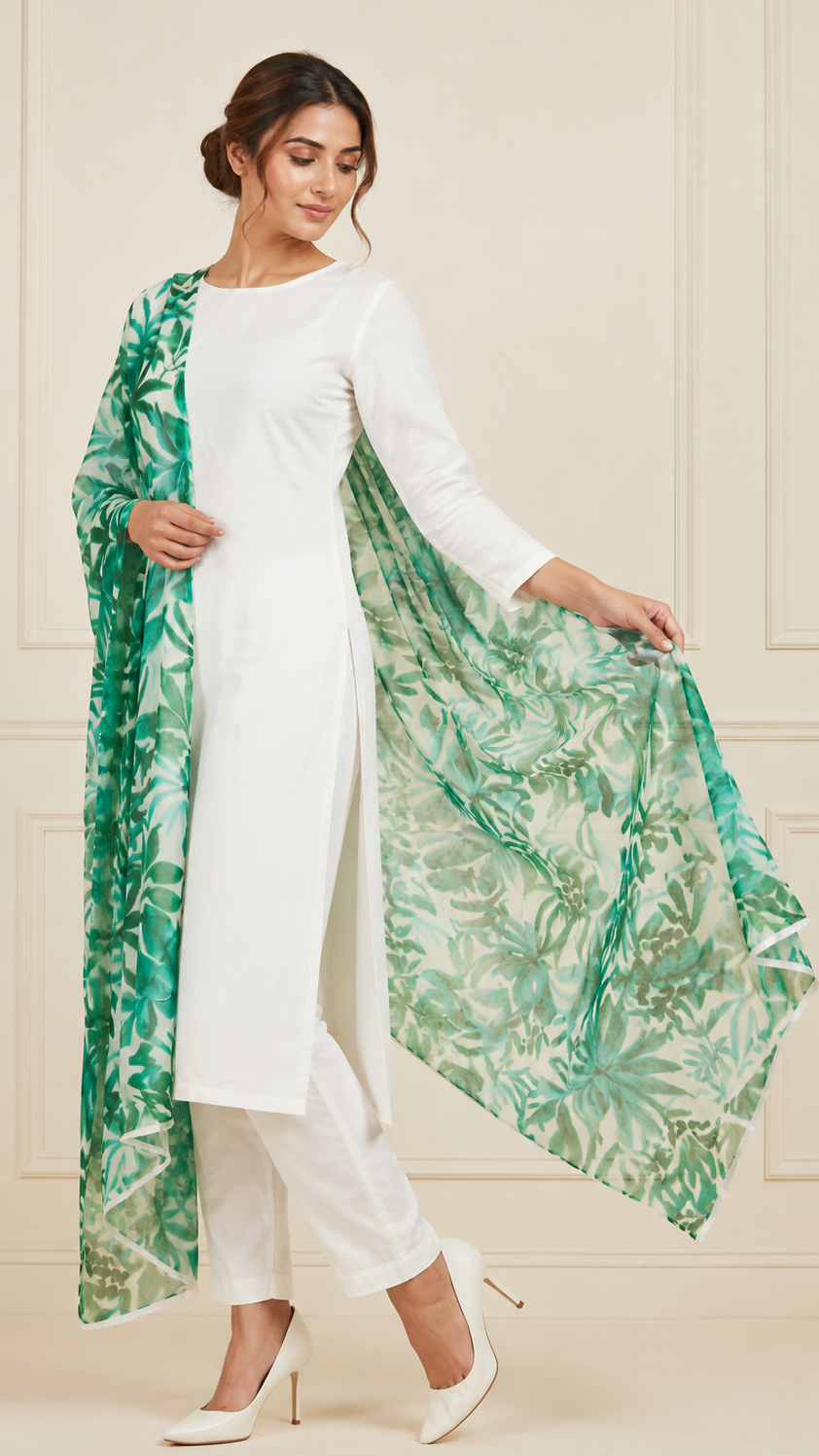 Buy elegant white straight-cut kurta set with green floral printed dupatta for women, premium ethnic wear suit for festive occasions, office wear, casual outings, and summer fashion. Diya Online