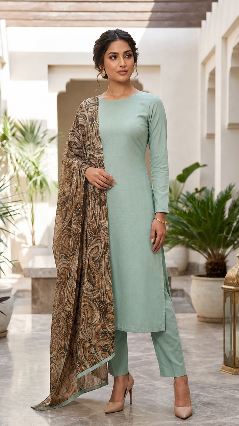 Buy heavy mint green kurta trouser set with paisley printed dupatta online at Diya Online