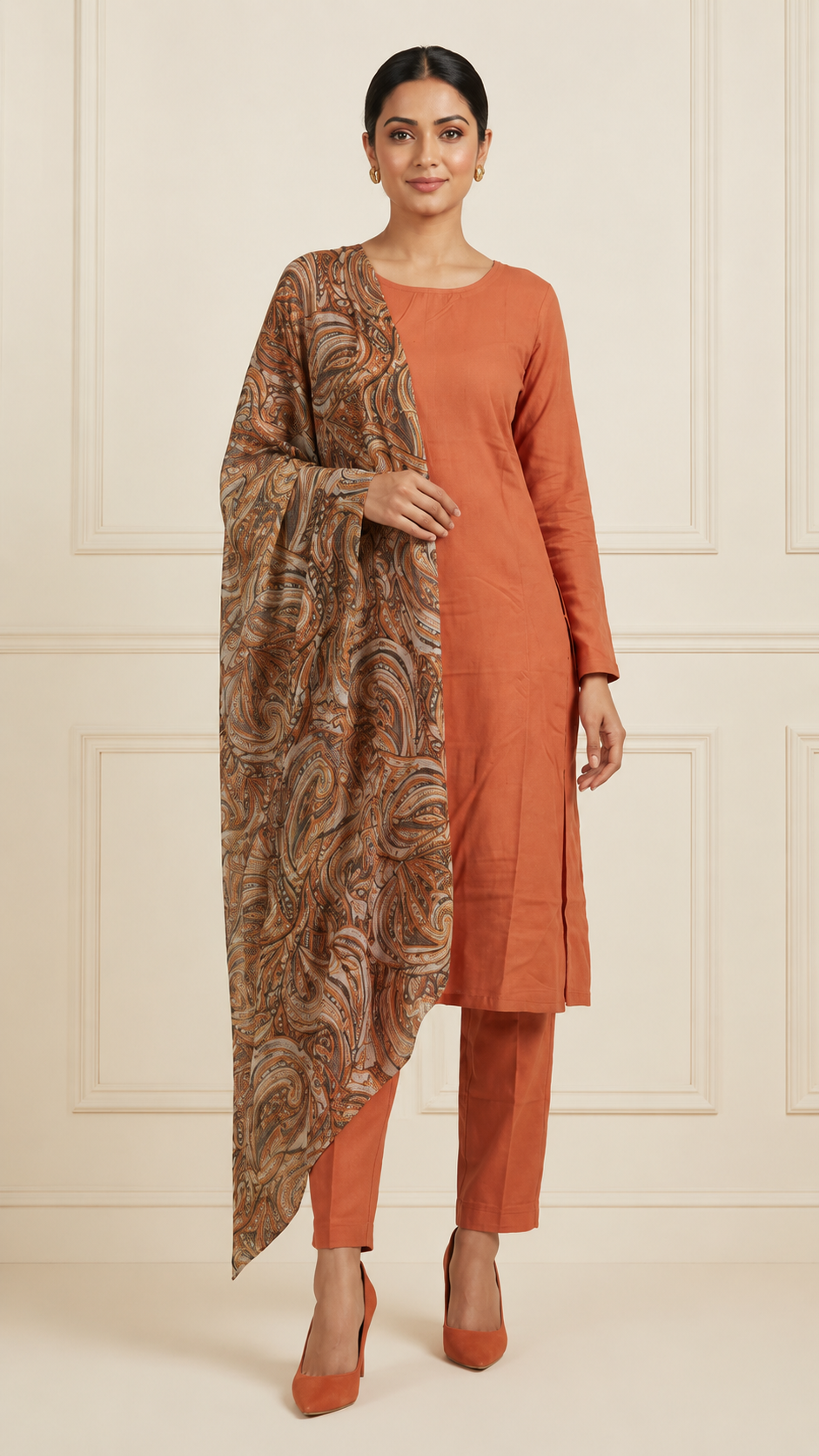 Buy heavy rust orange kurta trouser set with paisley printed dupatta online at Diya Online
