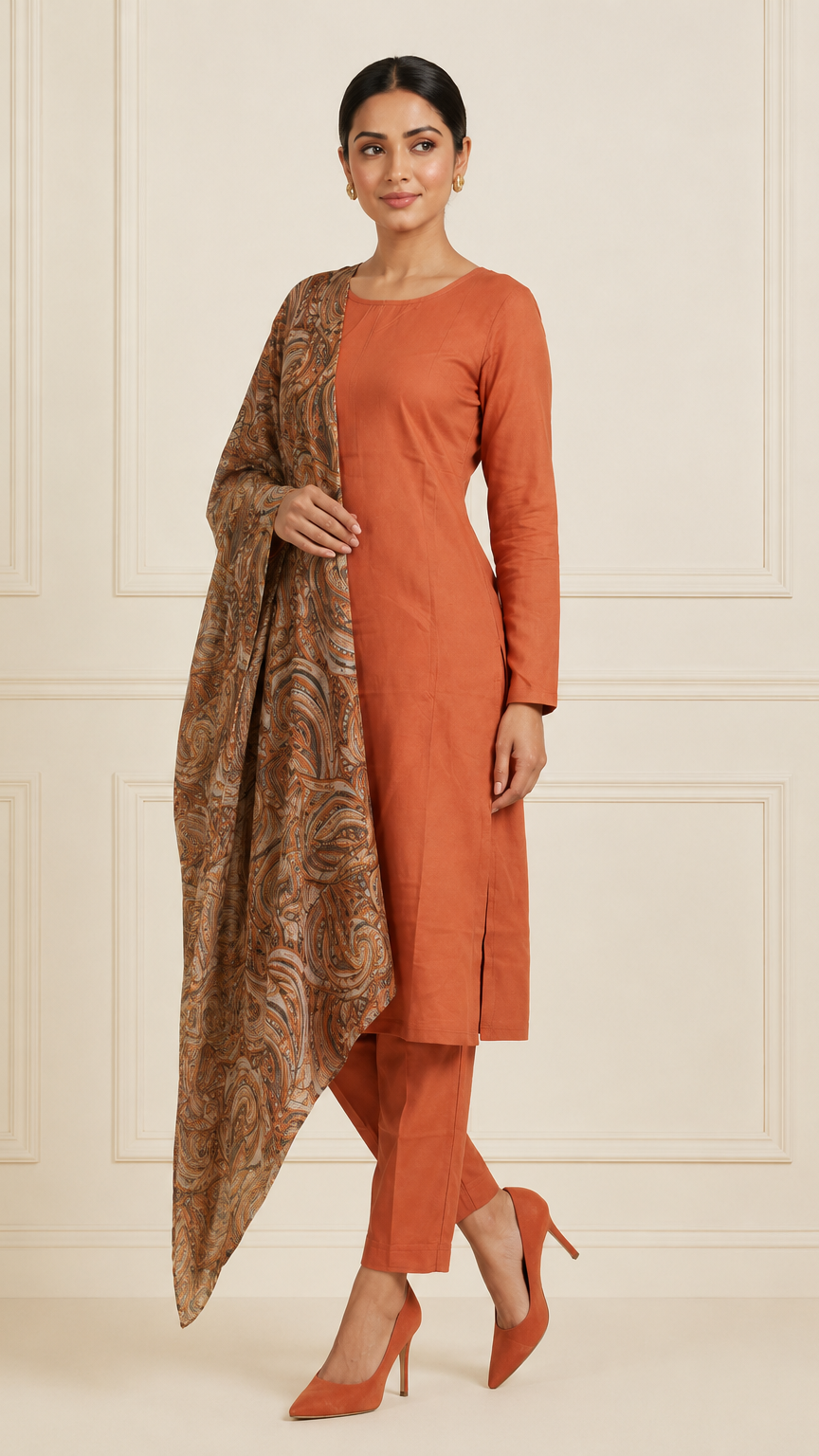 Buy heavy rust orange kurta trouser set with paisley printed dupatta online at Diya Online
