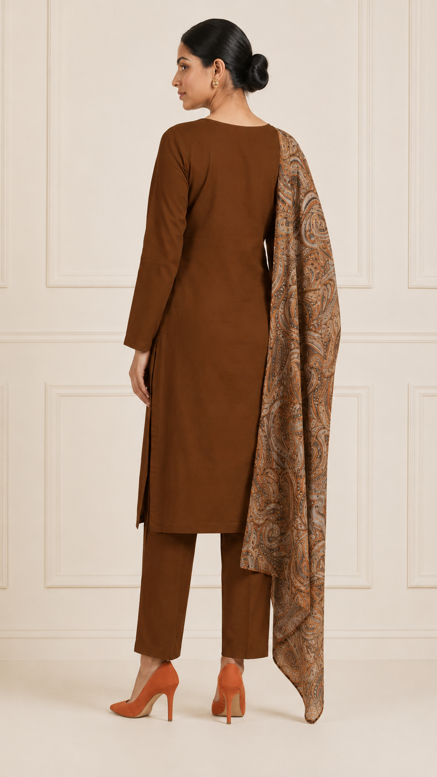 Buy heavy rust orange kurta trouser set with paisley printed dupatta online at Diya Online