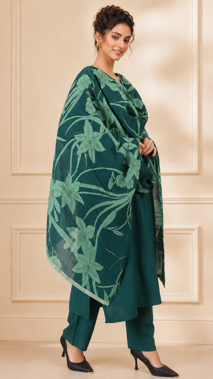 Teal green women’s salwar kameez suit with matching trousers and floral printed dupatta, modest Asian ethnic wear by Diya Online