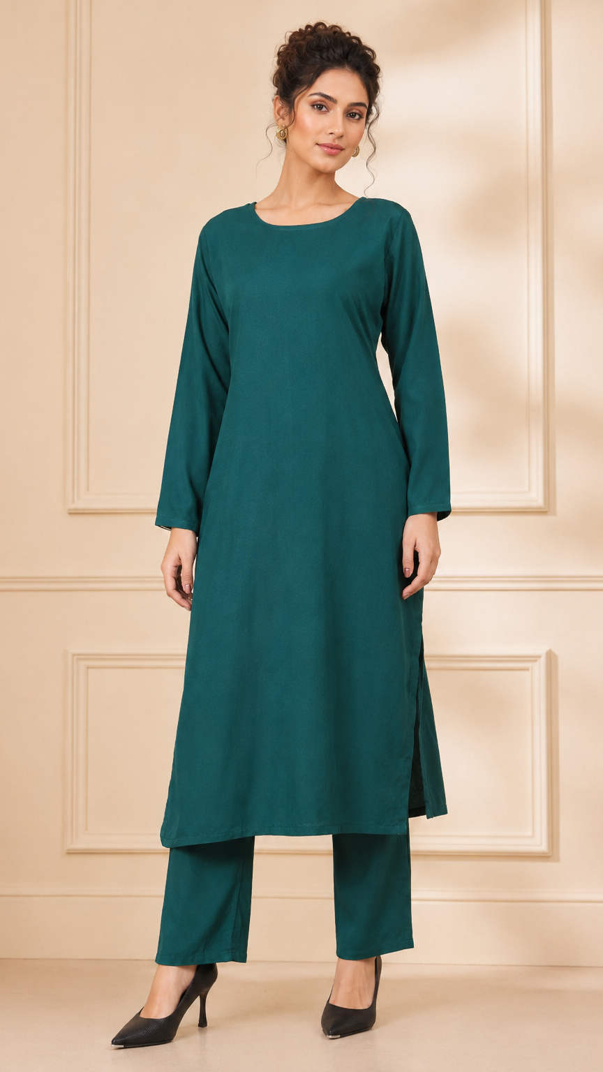 Teal green women’s salwar kameez suit with matching trousers and floral printed dupatta, modest Asian ethnic wear by Diya Online