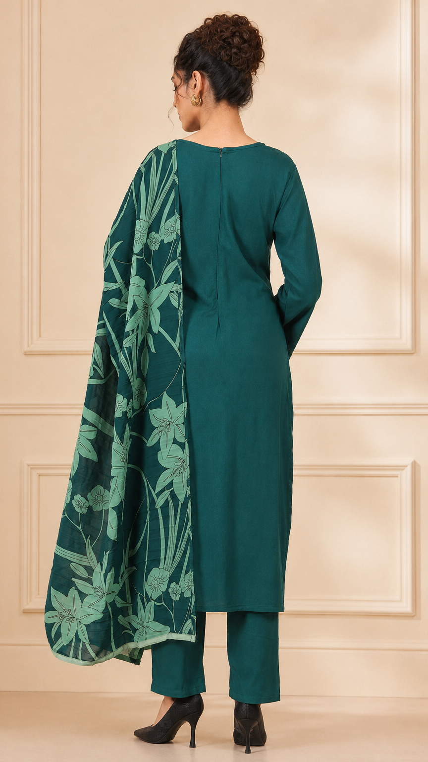 Teal green women’s salwar kameez suit with matching trousers and floral printed dupatta, modest Asian ethnic wear by Diya Online