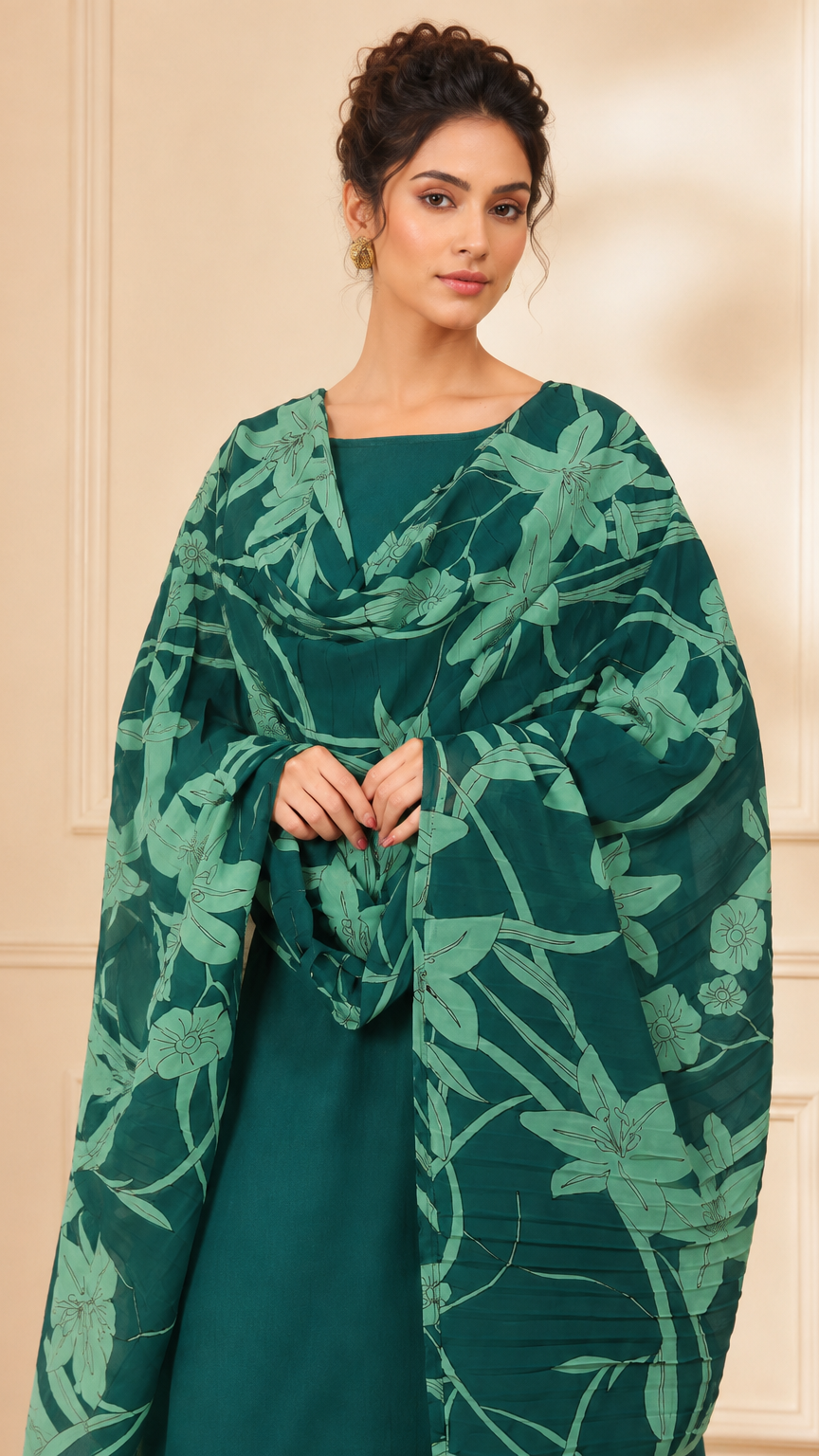 Teal green women’s salwar kameez suit with matching trousers and floral printed dupatta, modest Asian ethnic wear by Diya Online