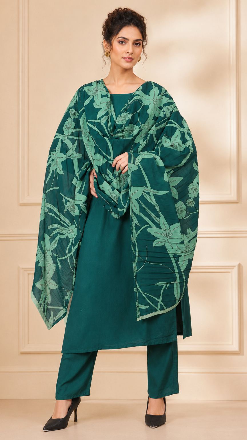 Teal green women’s salwar kameez suit with matching trousers and floral printed dupatta, modest Asian ethnic wear by Diya Online
