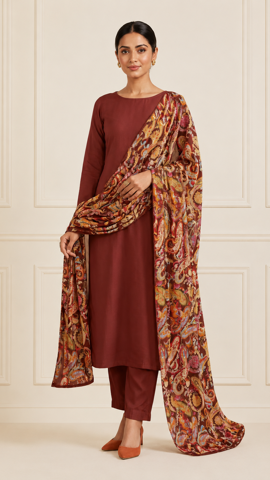 Model wearing a rust brown ethnic kurta set with matching trousers and a heavy paisley printed dupatta in a heritage-style corridor.
