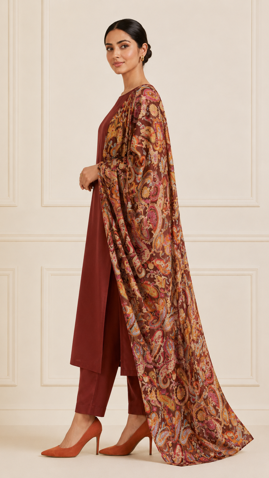 Model wearing a rust brown ethnic kurta set with matching trousers and a heavy paisley printed dupatta in a heritage-style corridor.