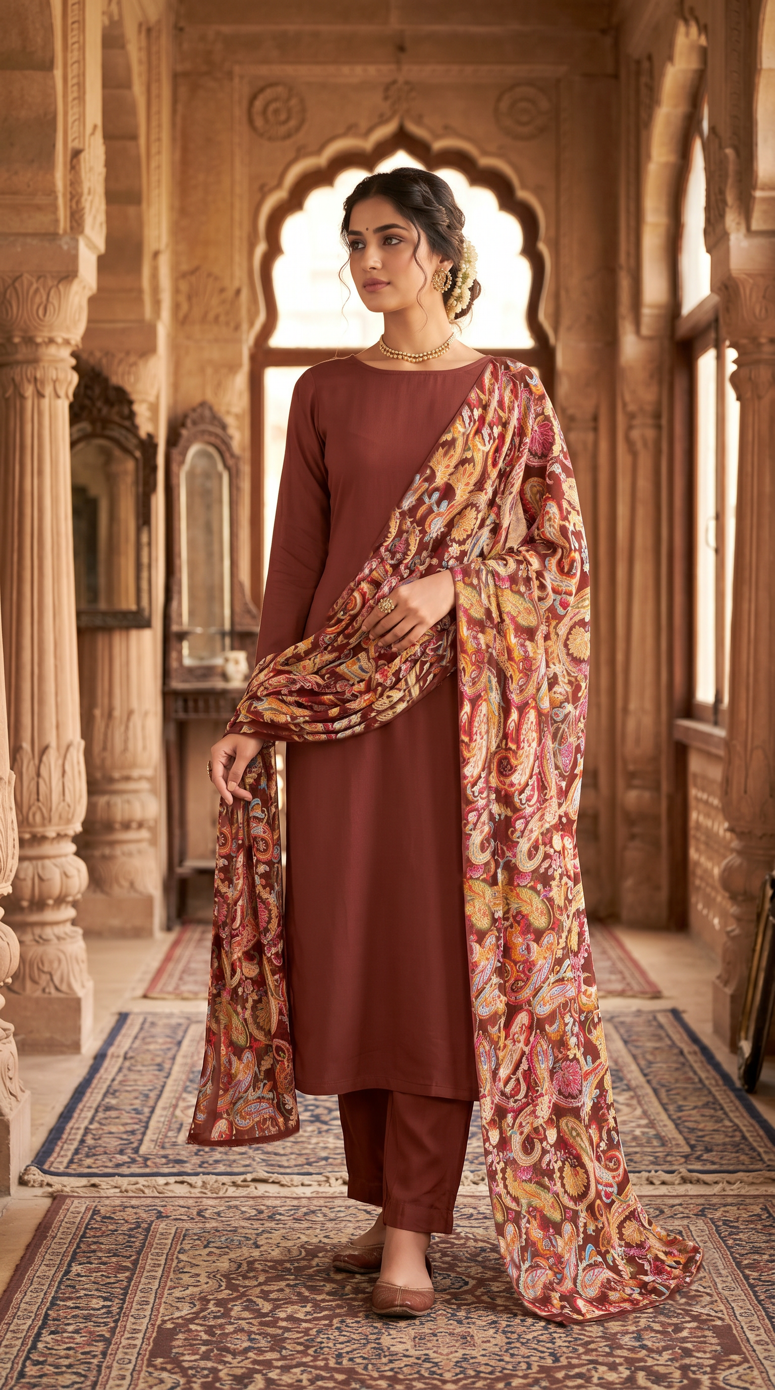 Rust Paisley Dupatta Straight Suit Set