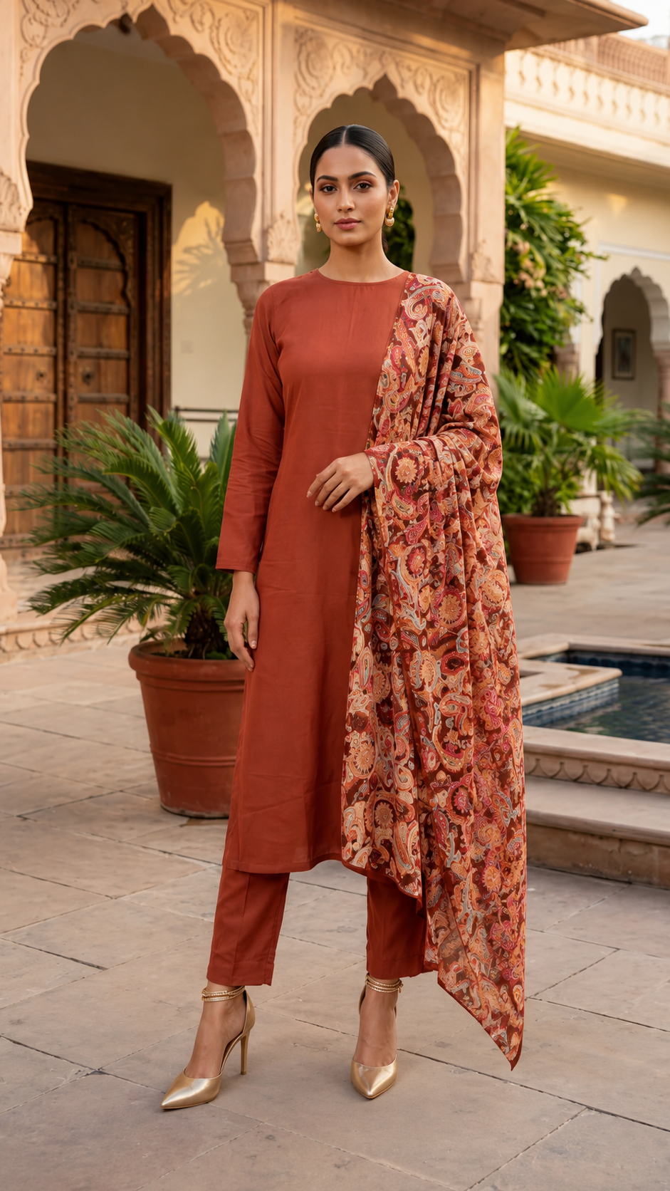 Rust Paisley Dupatta Straight Suit Set