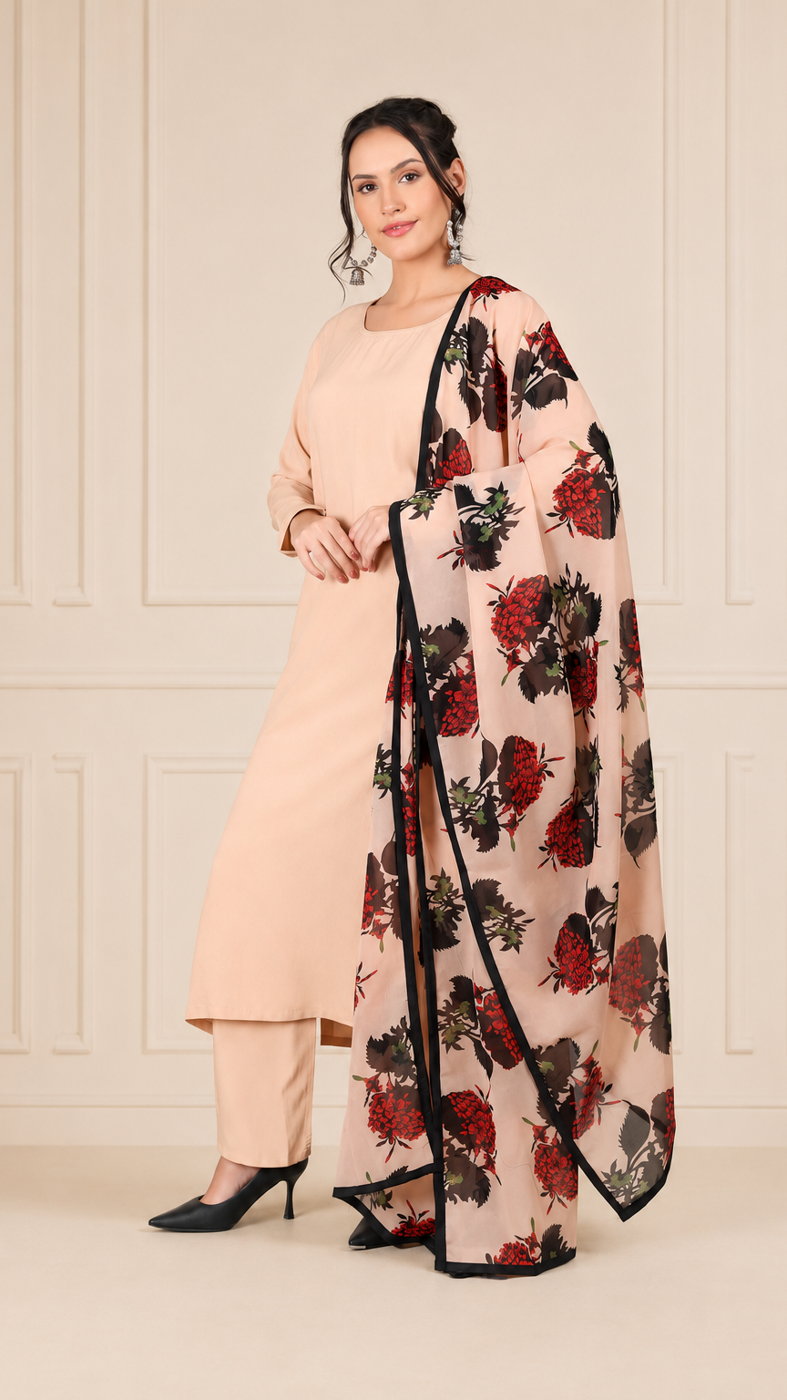 Peach beige women’s salwar kameez suit with matching trousers and floral printed dupatta, modest Asian ethnic wear by Diya Online