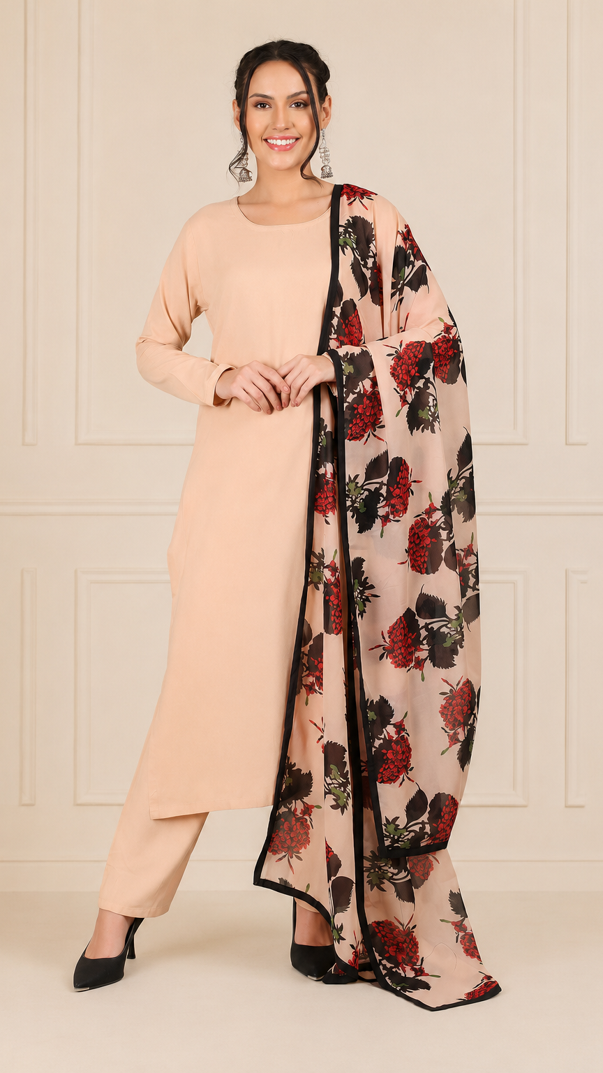 Peach beige women’s salwar kameez suit with matching trousers and floral printed dupatta, modest Asian ethnic wear by Diya Online