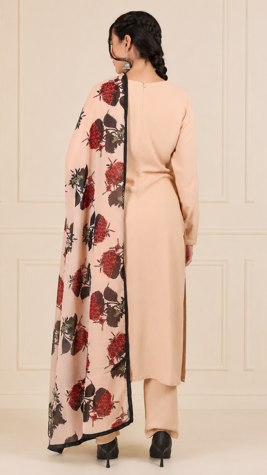 Peach beige women’s salwar kameez suit with matching trousers and floral printed dupatta, modest Asian ethnic wear by Diya Online