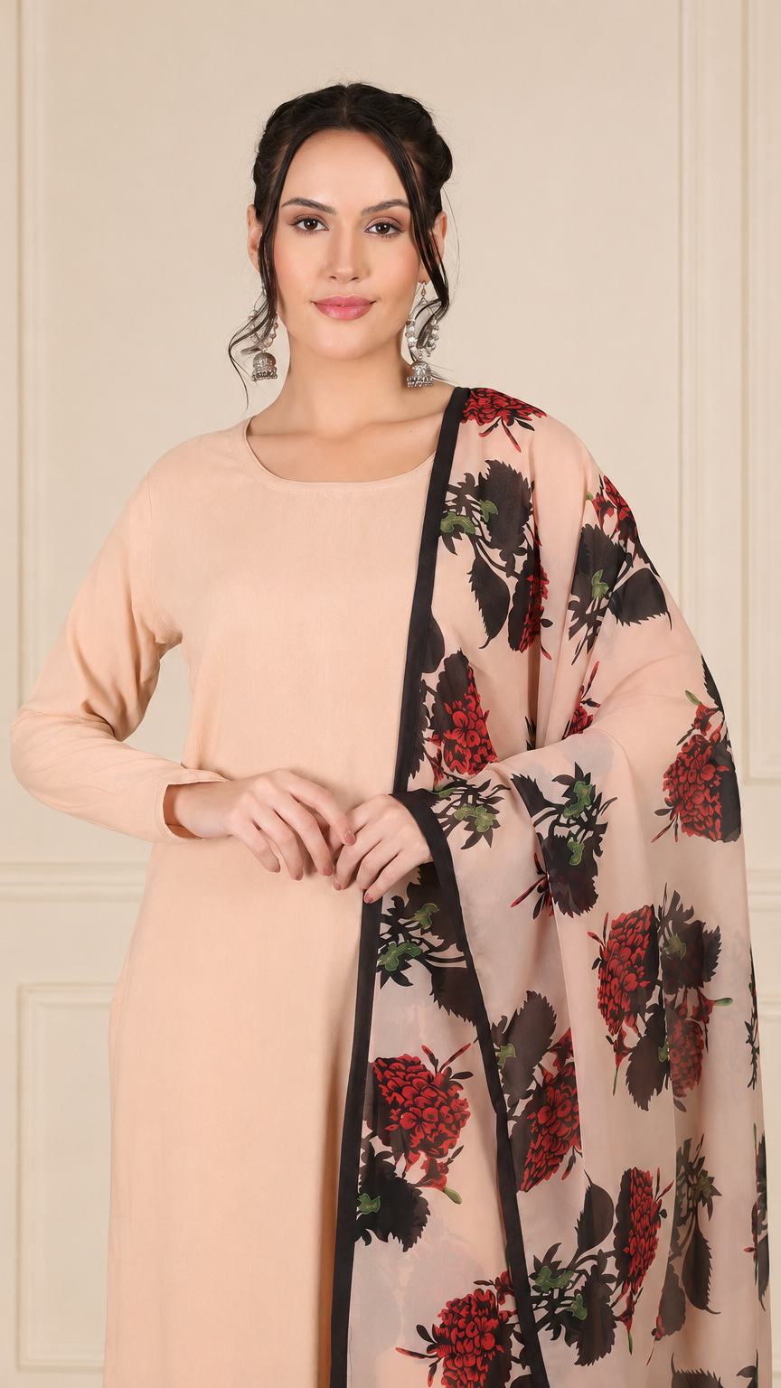 Peach beige women’s salwar kameez suit with matching trousers and floral printed dupatta, modest Asian ethnic wear by Diya Online