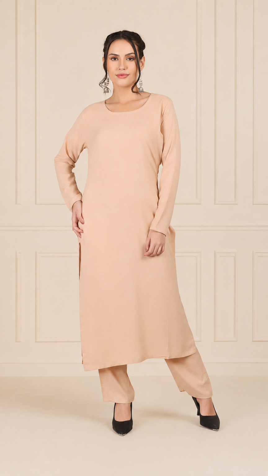 Peach beige women’s salwar kameez suit with matching trousers and floral printed dupatta, modest Asian ethnic wear by Diya Online
