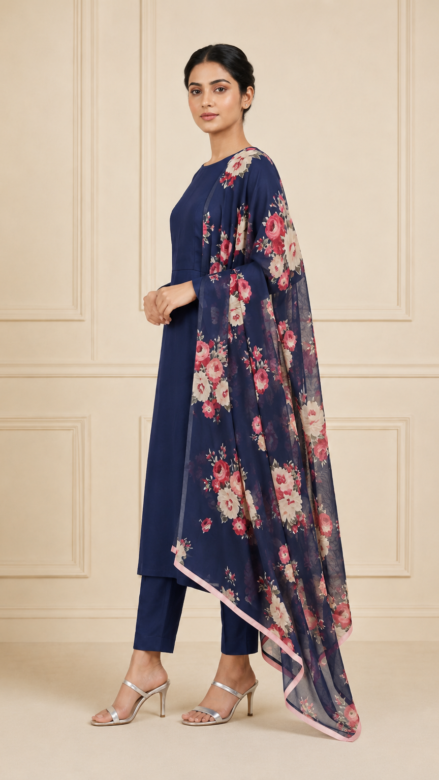 Navy blue women’s salwar kameez suit with matching trousers and floral printed dupatta with pink border, elegant Asian ethnic wear outfit by Diya Online