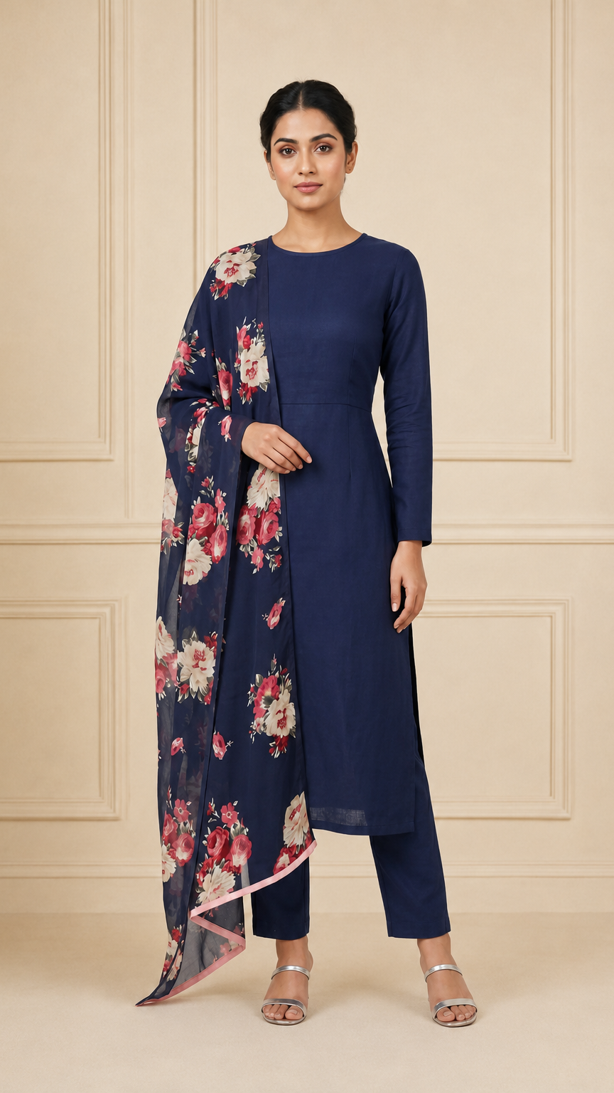 Navy blue women’s salwar kameez suit with matching trousers and floral printed dupatta with pink border, elegant Asian ethnic wear outfit by Diya Online