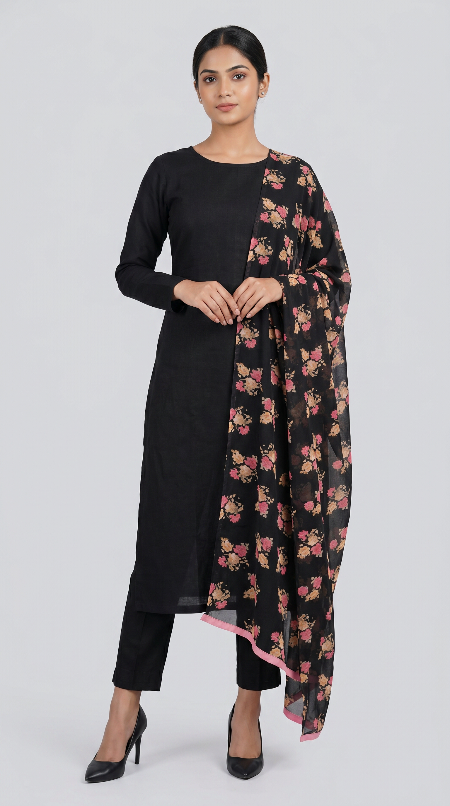 Black Rayon Straight Cut Kurta Set with Georgette Dupatta