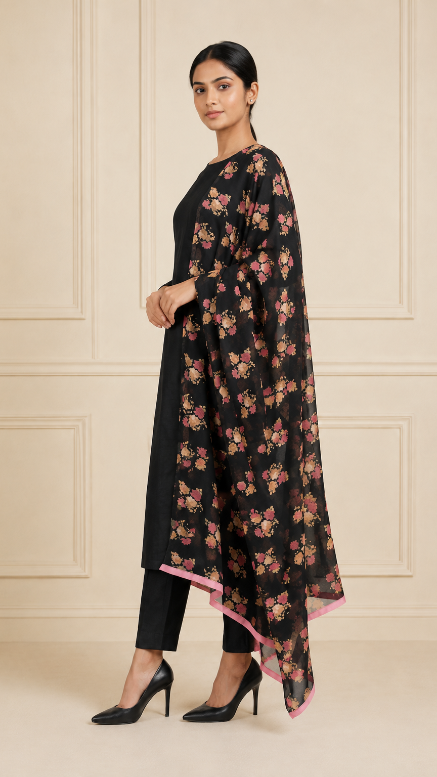 Black women’s salwar kameez suit with matching trousers and floral printed dupatta with pink border, elegant Asian ethnic wear outfit by Diya Online