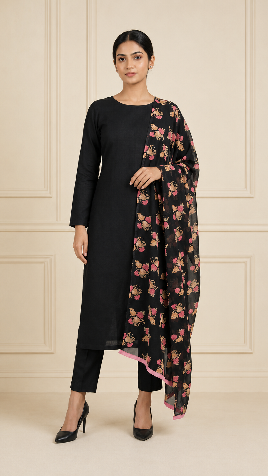 Black women’s salwar kameez suit with matching trousers and floral printed dupatta with pink border, elegant Asian ethnic wear outfit by Diya Online