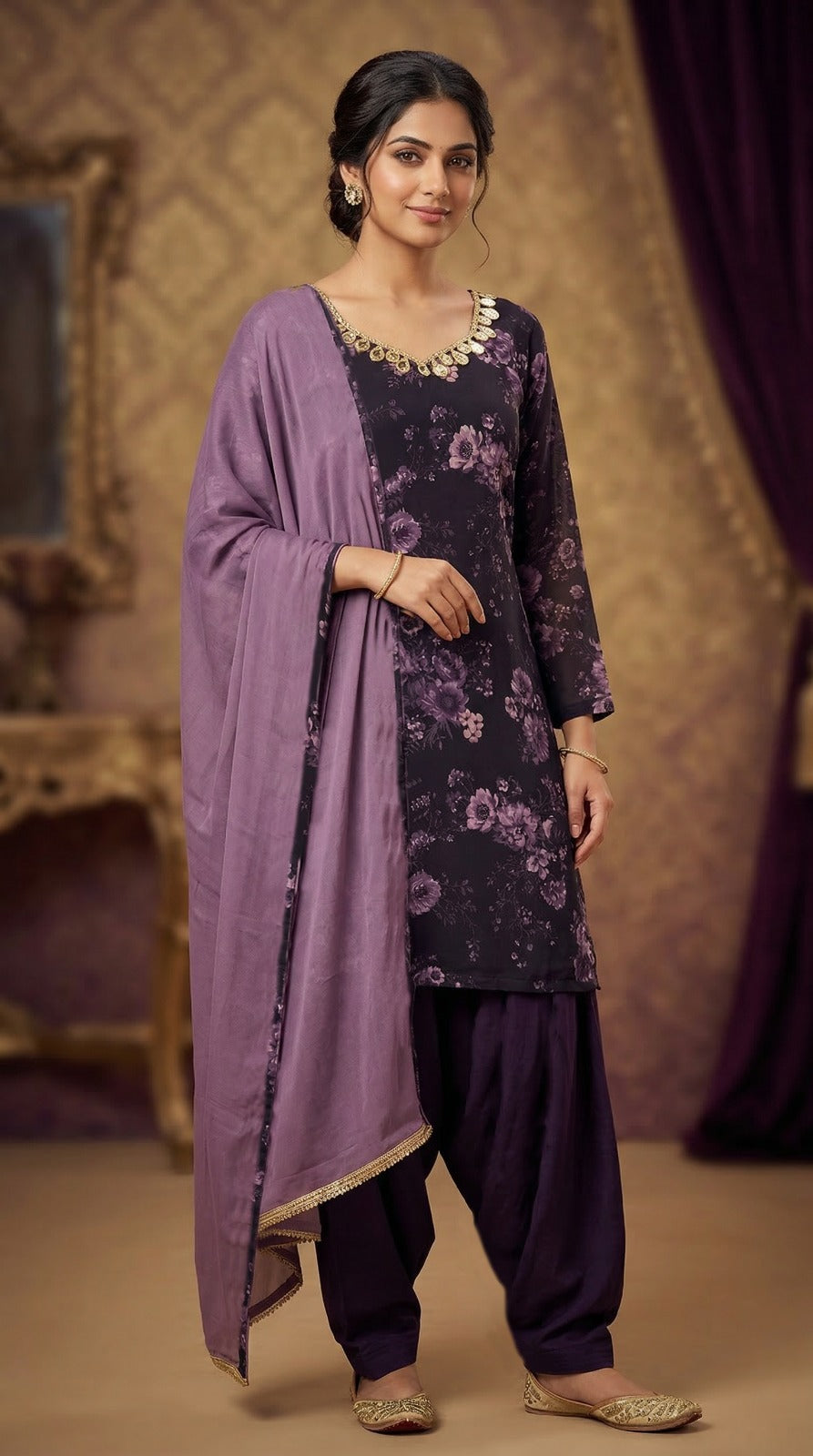 Purple Printed Georgette Sweetheart Neck Suit Set