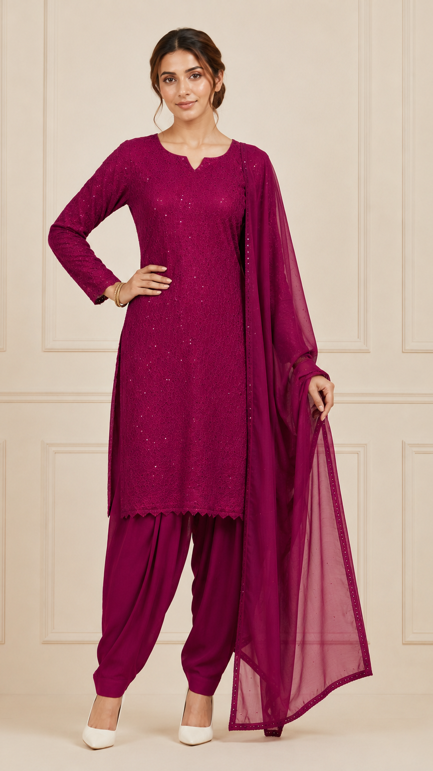 Woman wearing a deep magenta embroidered kurta set with matching salwar trousers and dupatta – Diya Online ethnic wear.