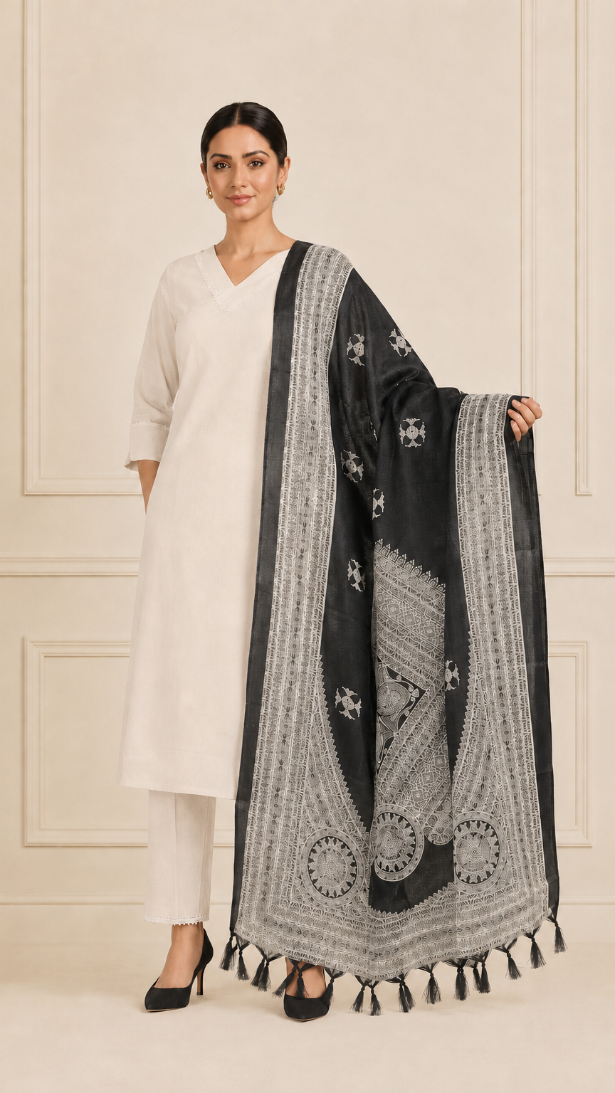 Ivory women’s salwar kameez suit with matching trousers and black printed dupatta, modest Asian ethnic wear outfit by Diya Online